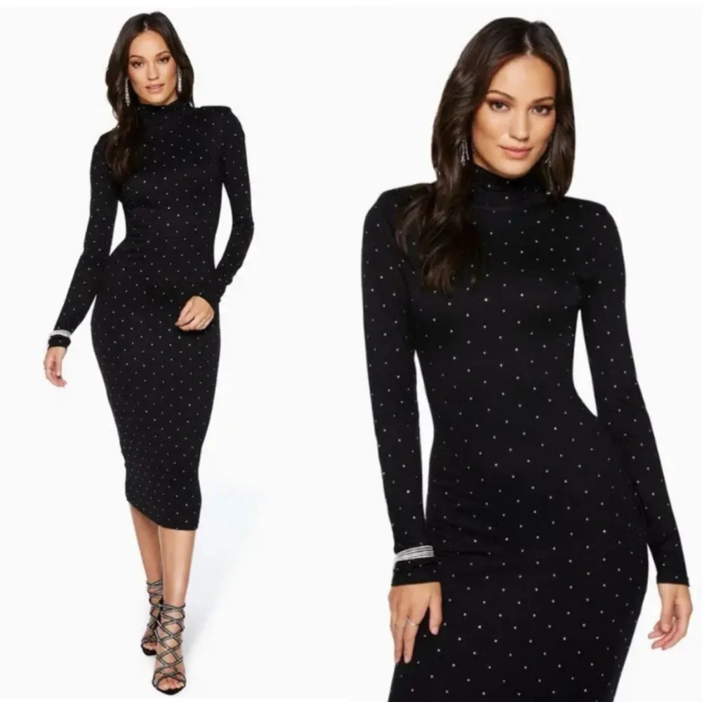 Ramy Brook‎ $385 NWT Women's Black Della Midi Embellished Bodycon Dress Size XS